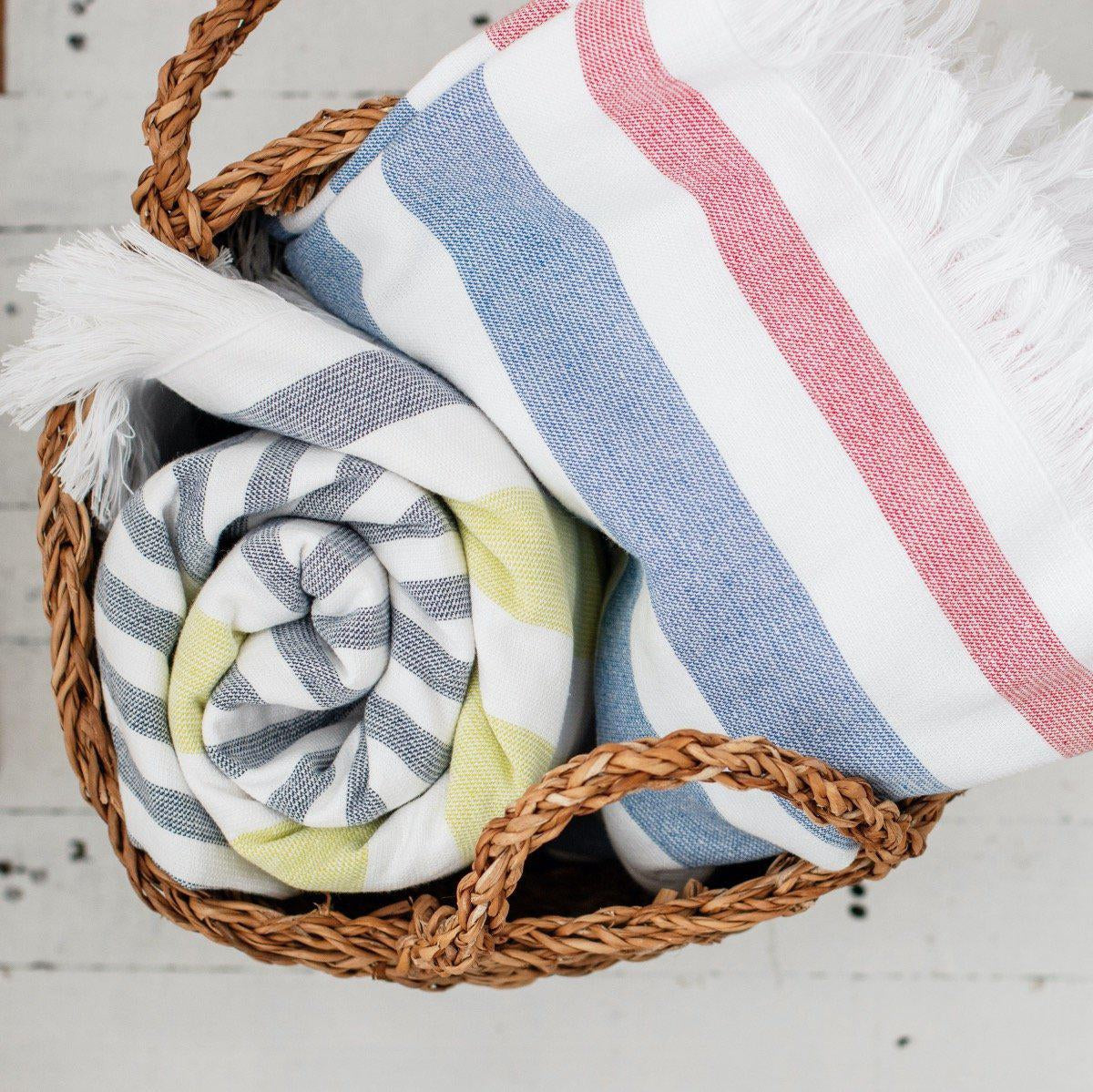 LUZIA Peshtemal Towels Wrapped in a Basket Cabana Stripes