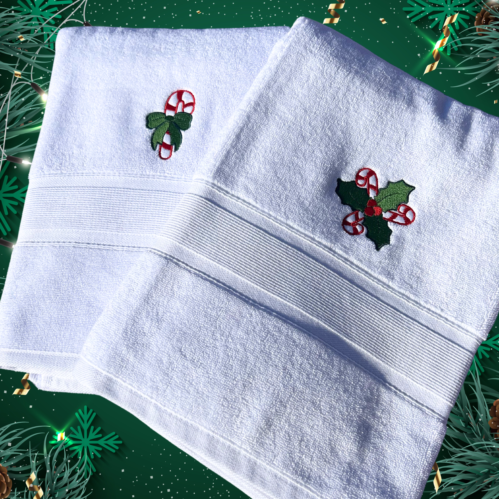 Christmas Embroidered Bath Towels in White (Set of 2)-Luzia