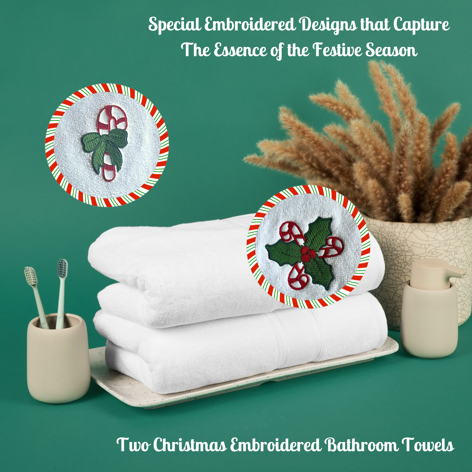 Christmas Embroidered Bath Towels in White (Set of 2)-Luzia
