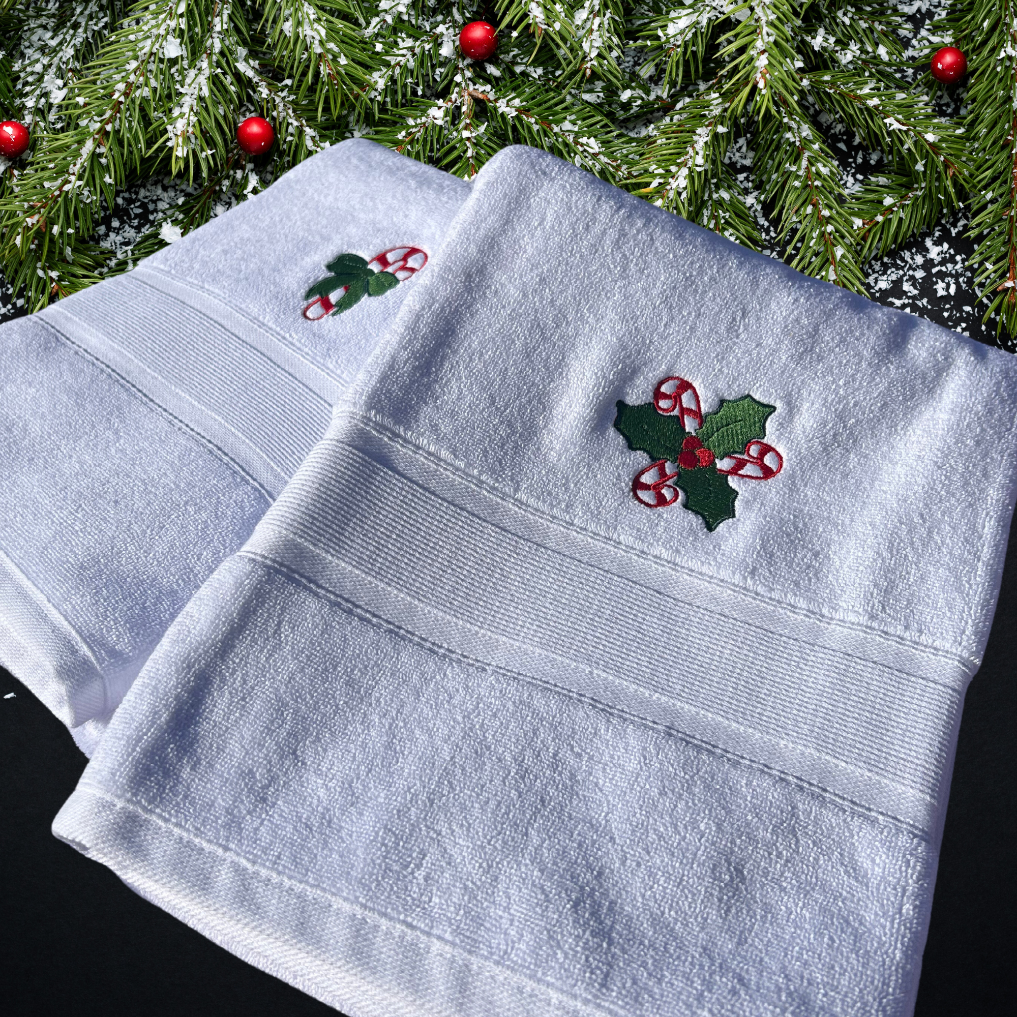 Christmas Embroidered Bath Towels in White (Set of 2)-Luzia