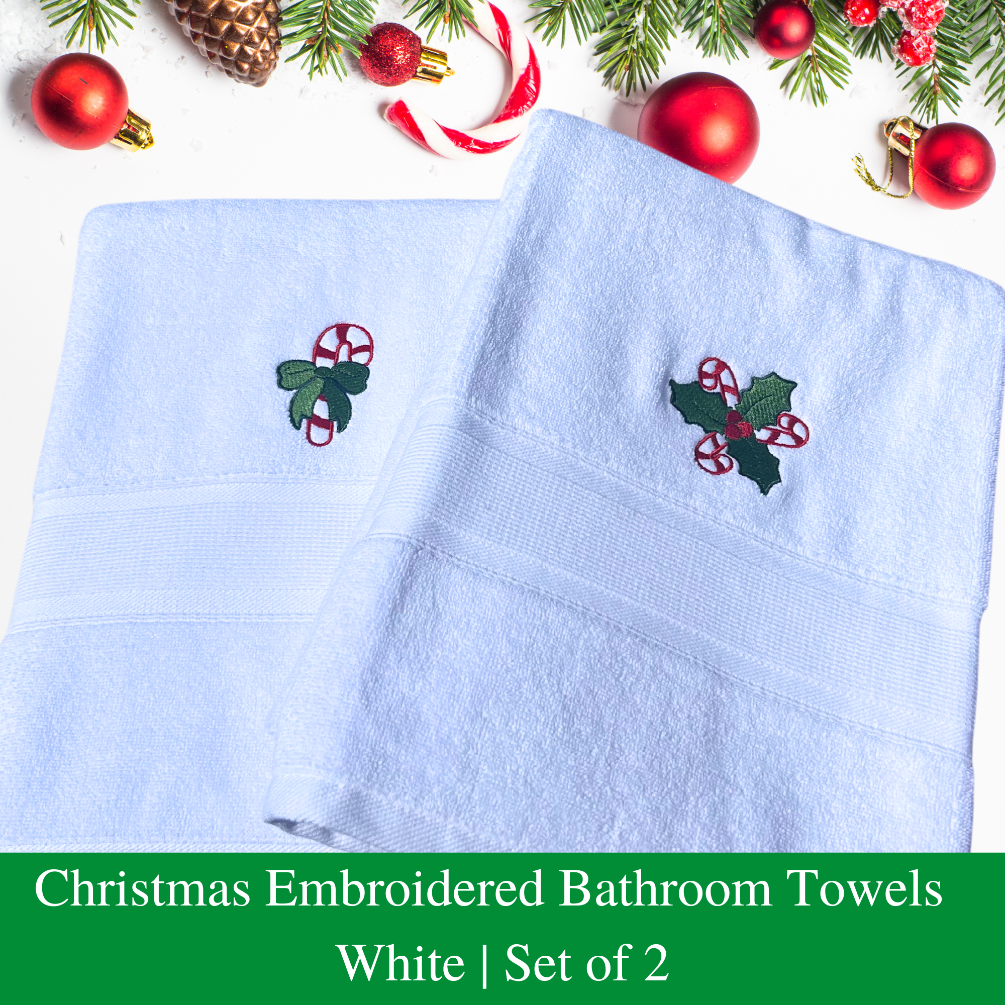 Christmas Embroidered Bath Towels in White (Set of 2)-Luzia
