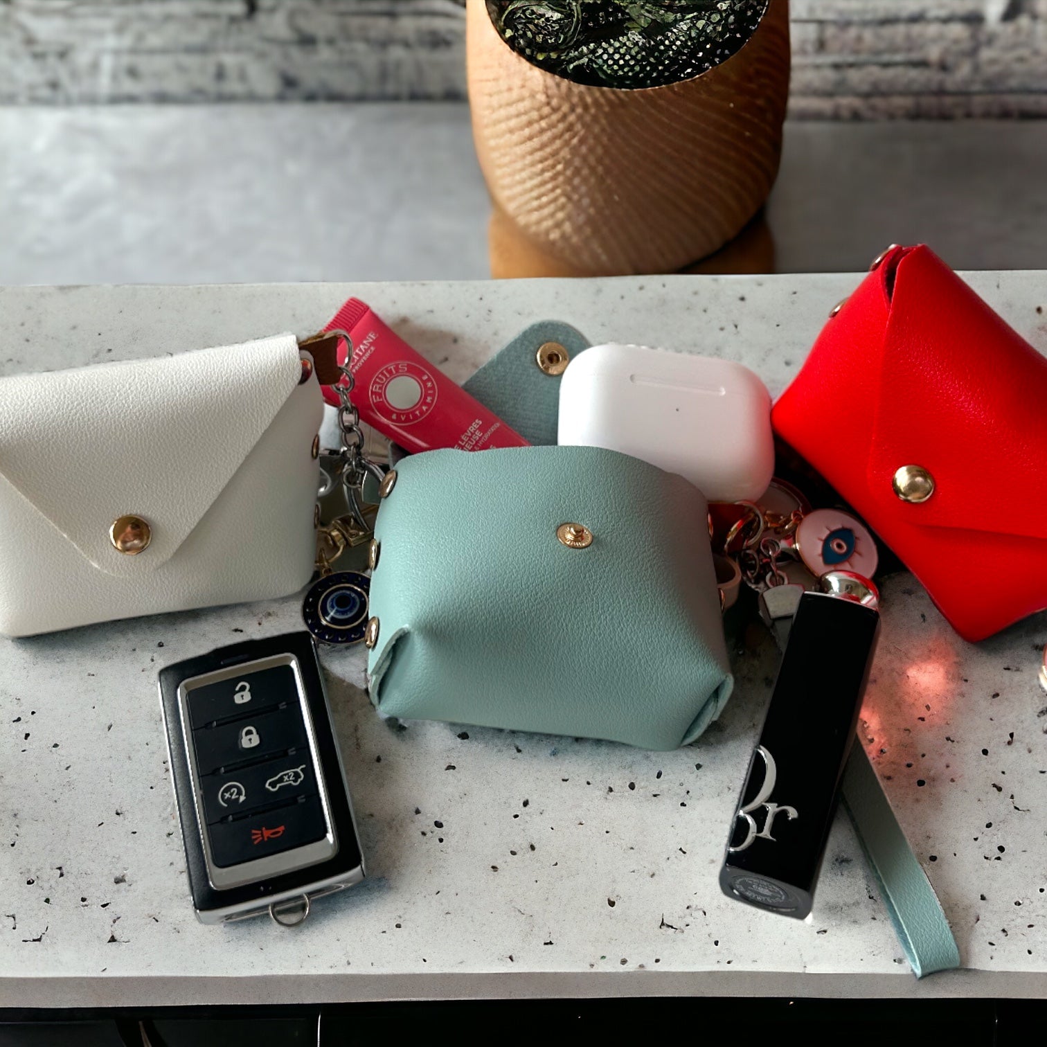 Chic Wristlet Purse Keychain with Turkish Eye Charm - Powder Blue