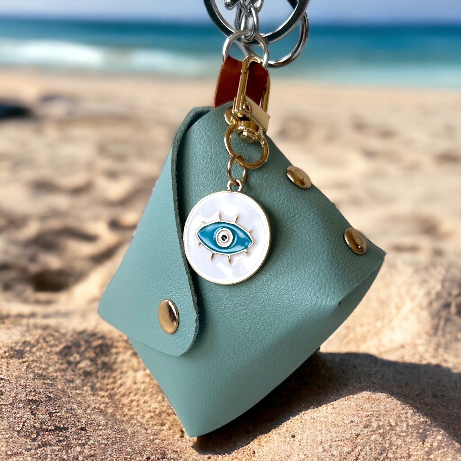 Chic Wristlet Purse Keychain with Turkish Eye Charm - Powder Blue
