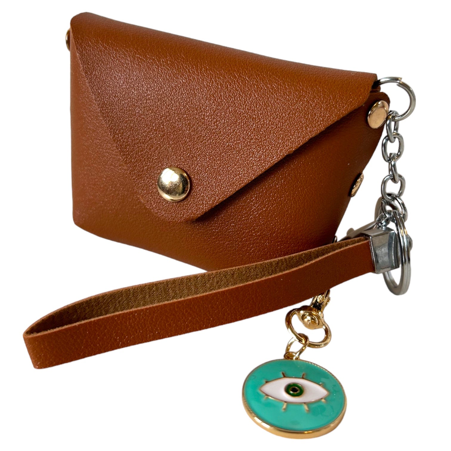Chic Wristlet Purse Keychain with Turkish Eye Charm - Brown