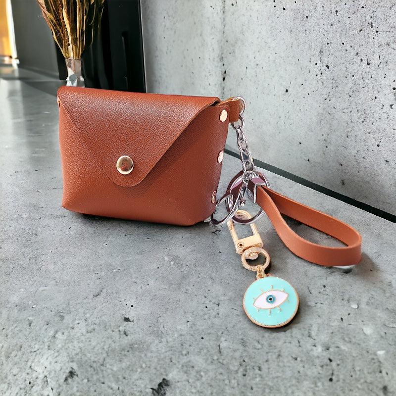 Chic Wristlet Purse Keychain with Turkish Eye Charm - Brown