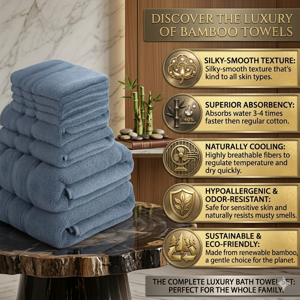 Luzia Bamboo 8-Piece Towel Set – Coastal Slate – Soft Elements Series (500 GSM) | Silky Soft Breathable Comfort Everyday Luxury