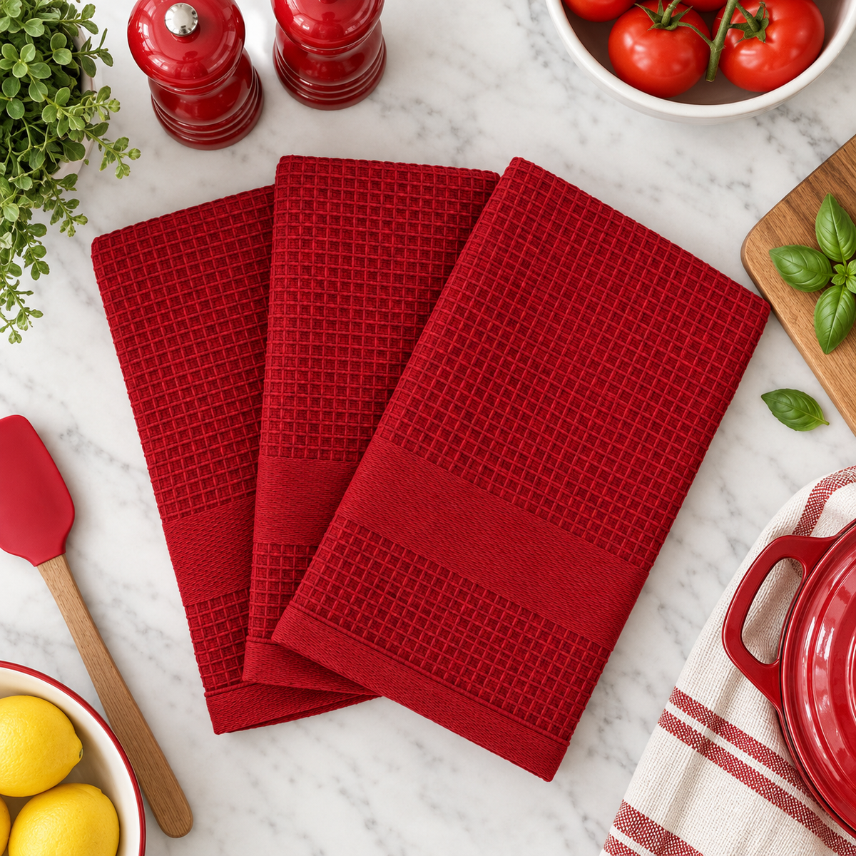 Premium Red Waffle Weave Kitchen Towels, Set of 3