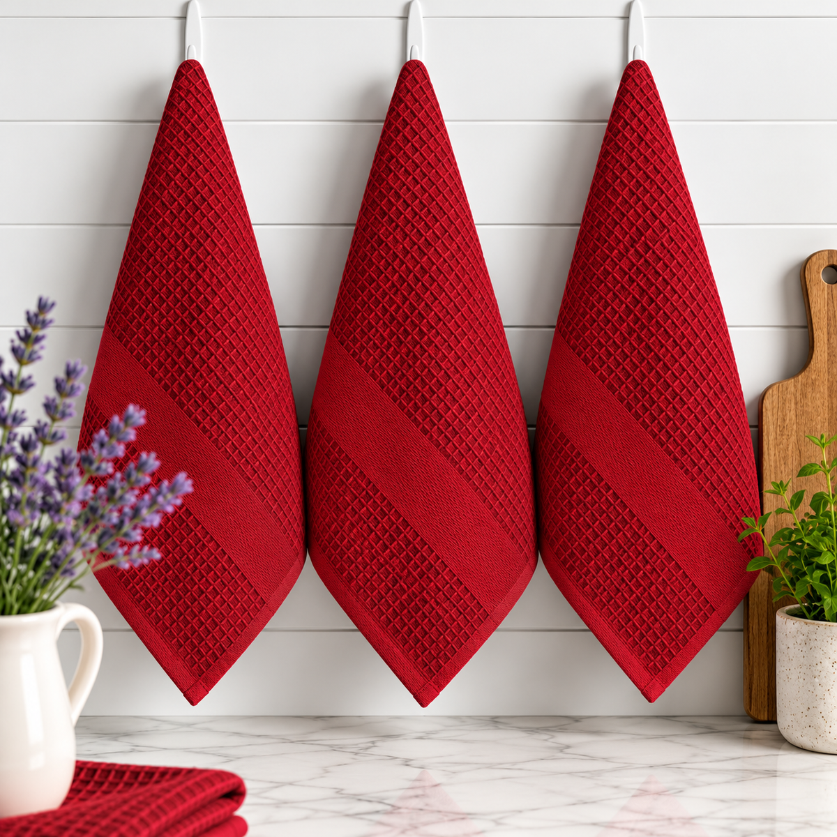Premium Red Waffle Weave Kitchen Towels, Set of 3