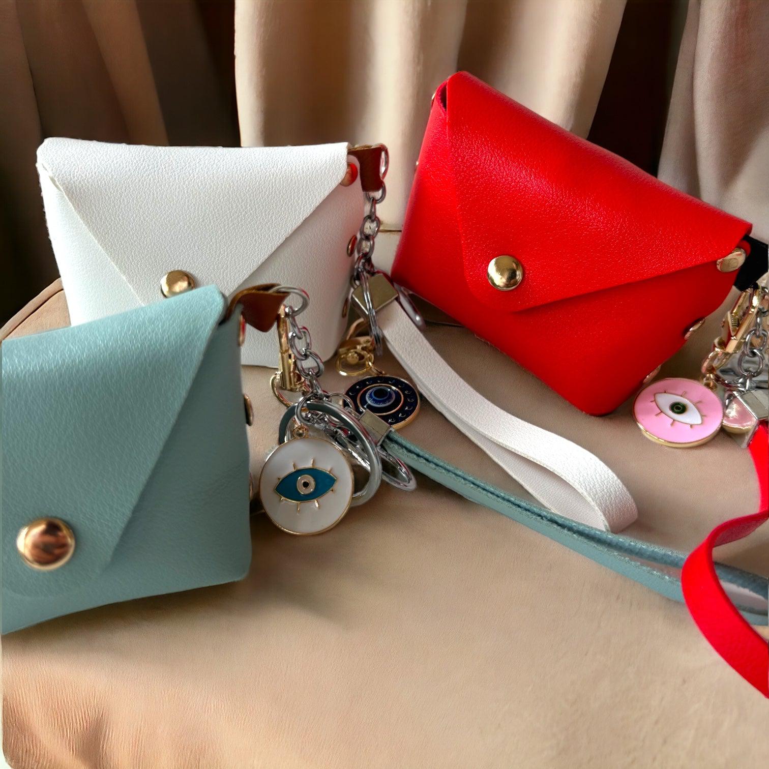 Chic Wristlet Purse Keychain with Turkish Eye Charm - Powder Blue
