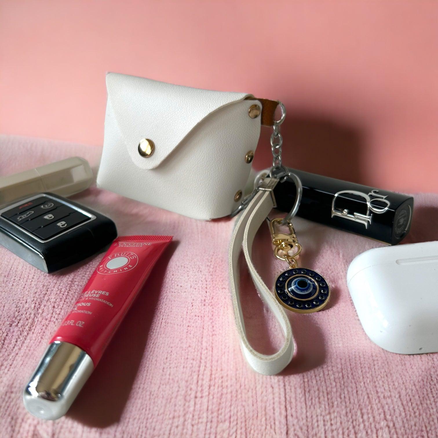 Chic Wristlet Purse Keychain with Turkish Eye Charm - White