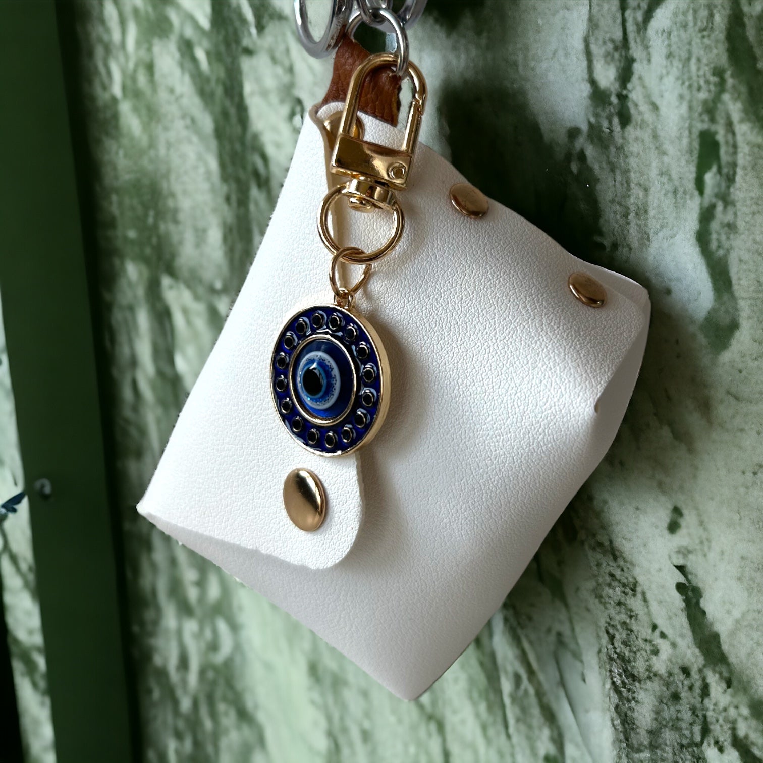 Chic Wristlet Purse Keychain with Turkish Eye Charm - White