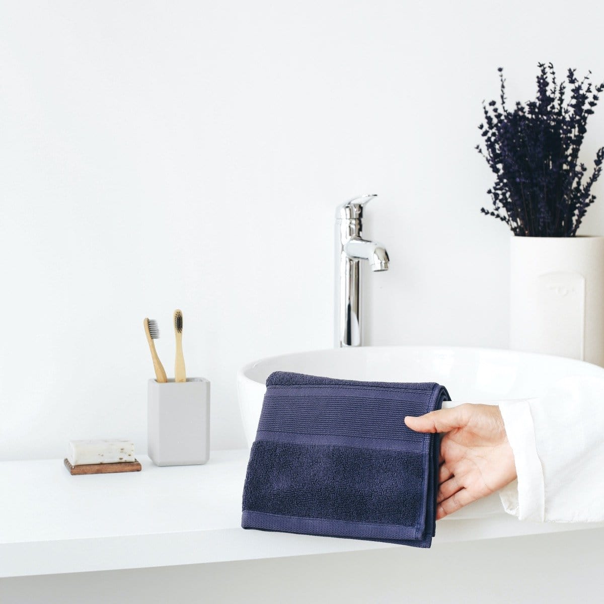 Luzia Navy Blue Towels in Bathroom