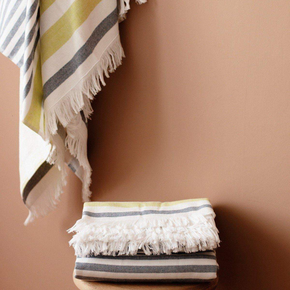 Luzia Peshtemal Beach and Pool Towel in Yellow and Grey Hung on the Wall