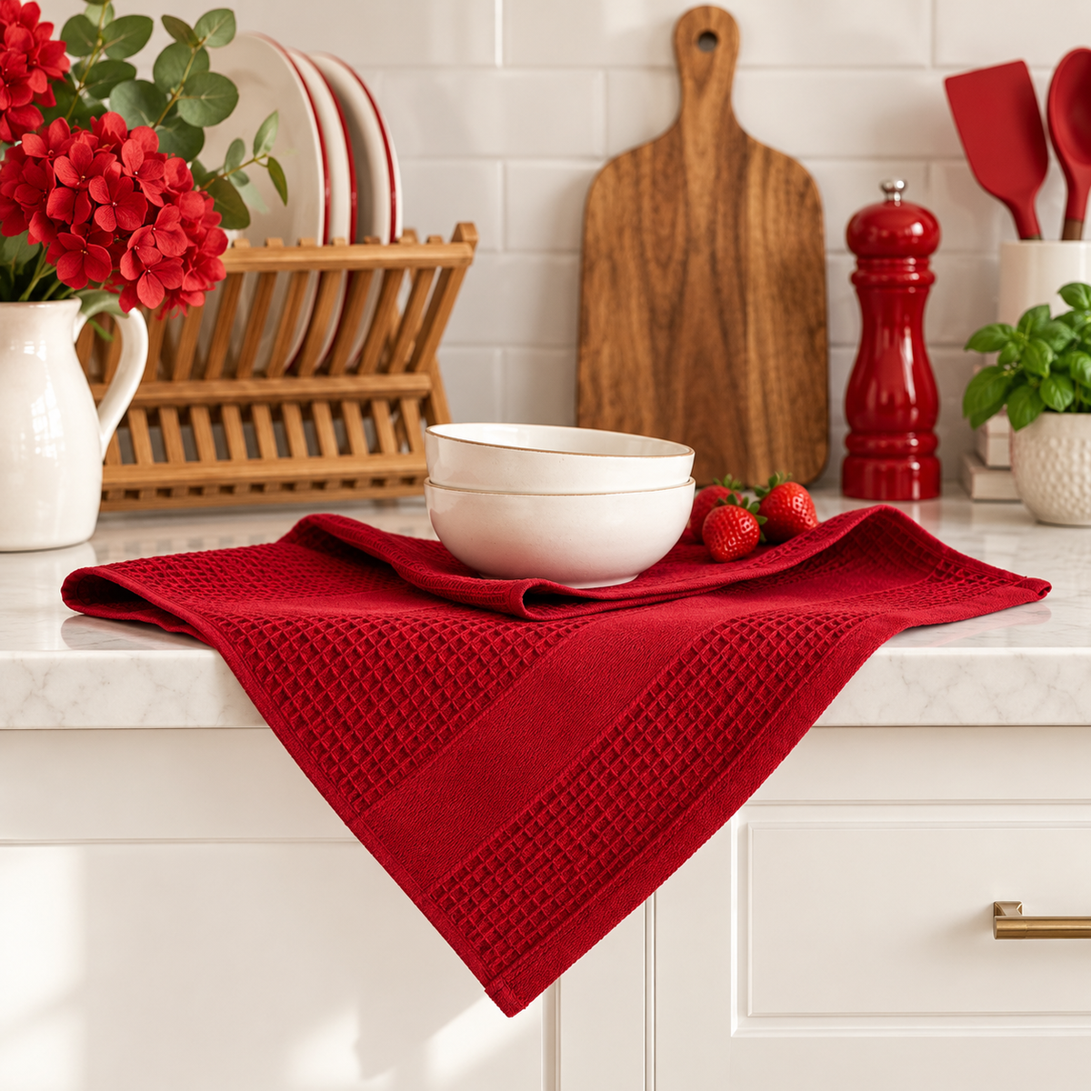 Premium Red Waffle Weave Kitchen Towels, Set of 3