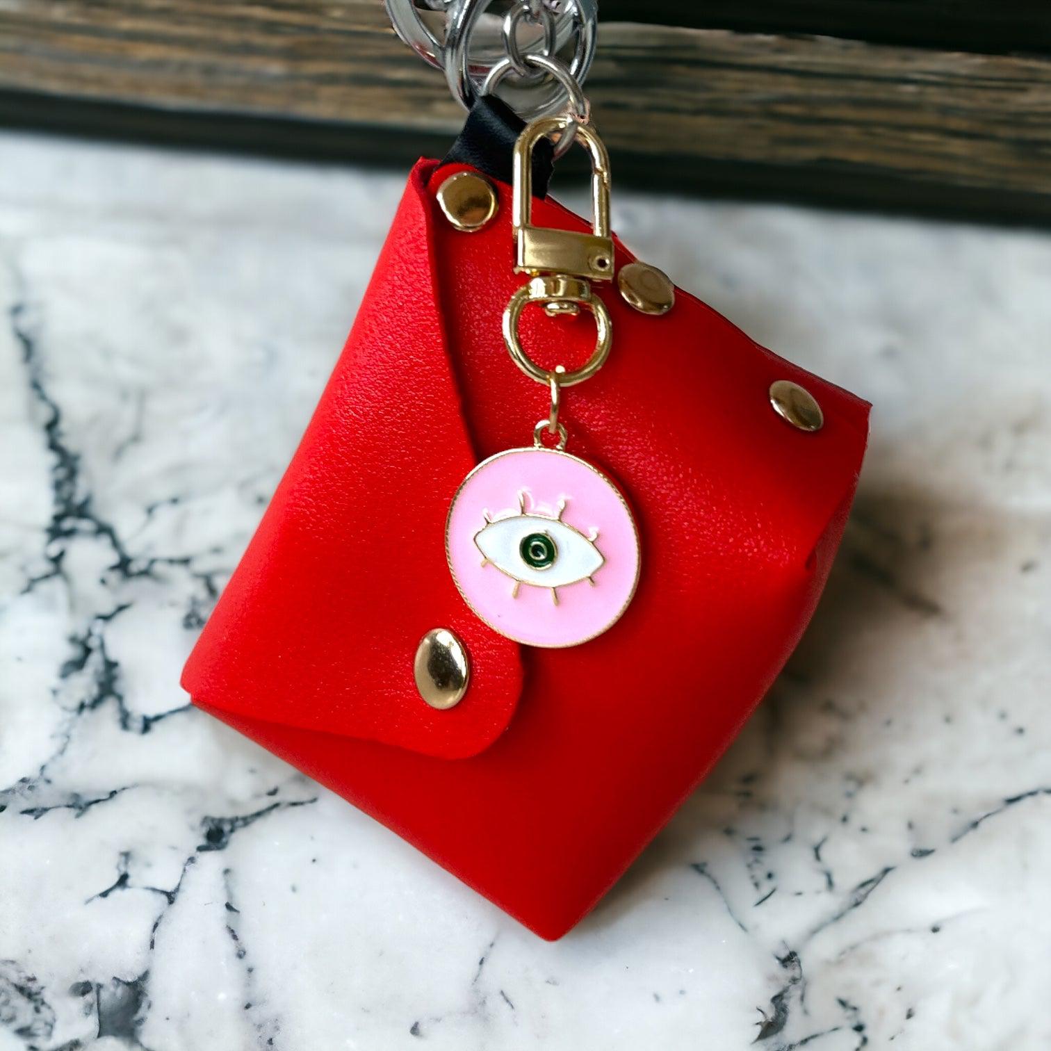 Chic Wristlet Purse Keychain with Turkish Eye Charm - Red