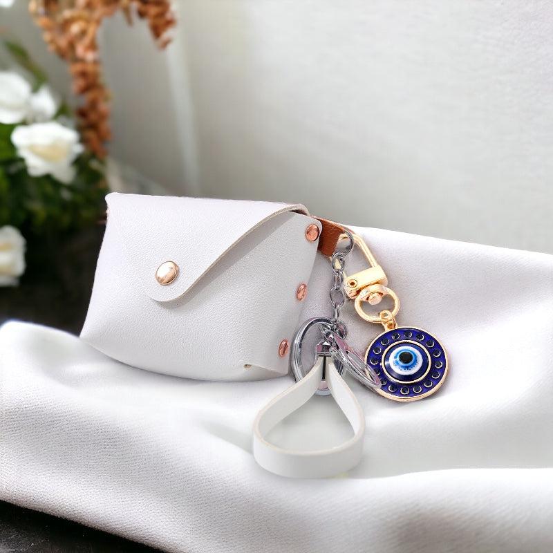 Chic Wristlet Purse Keychain with Turkish Eye Charm - White