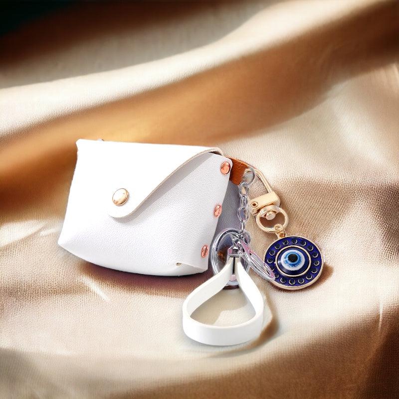 Chic Wristlet Purse Keychain with Turkish Eye Charm - White
