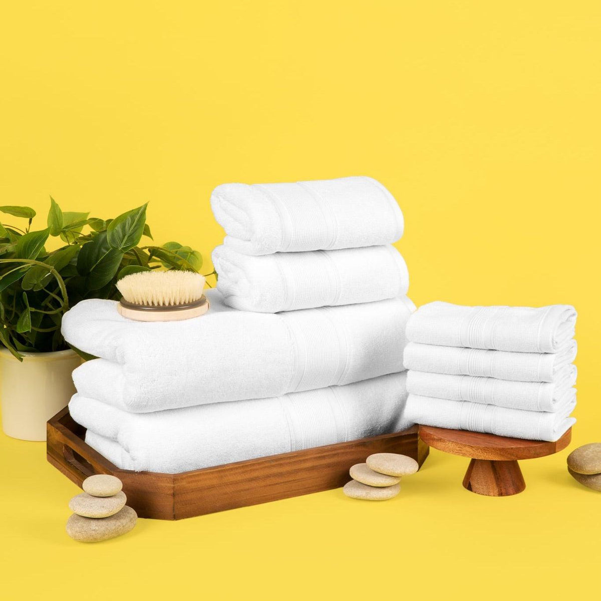 Spa Composition Two White Fluffy Towels Cotton Flowers Light